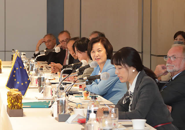 추미애 법무부 장관이 17일 서울 종로구 포시즌스 호텔에서 열린 주한유럽연합 회원국 대사들과의 회의에서 질의에 관한 답변을 하고 있다. /법무부 제공