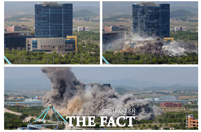 지난 16일 북한의 개성 남북공동연락사무소 폭파 장면. /노동신문 캡처