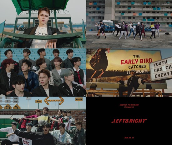 세븐틴의 새 앨범 헹가래는 선주문 106만장을 기록했고 발매 후 이틀 만에 50만장 판매고를 올렸다. 27개 지역에서 아이튠즈 앨범 차트 1위다. 사진은 타이틀곡 Left & Right 장면. /플레디스 제공