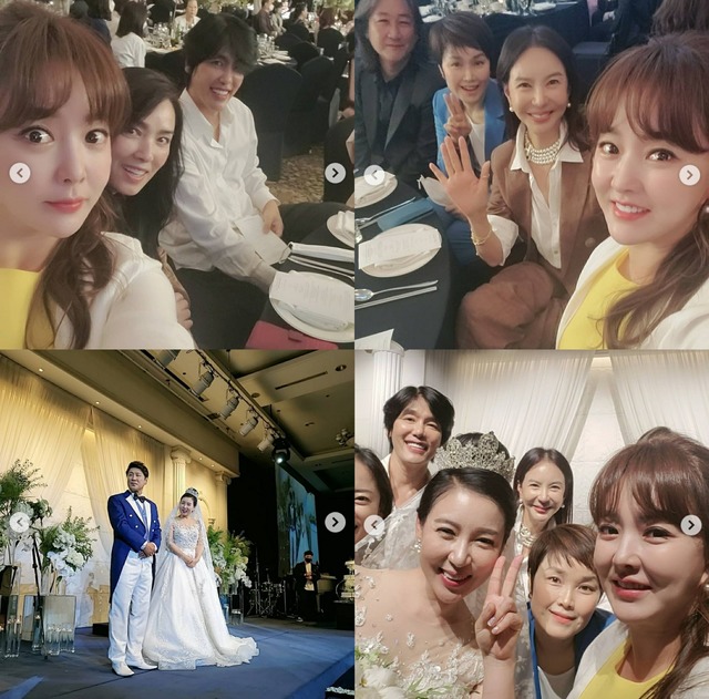 가수 금잔디(좌측 상단 사진에서 왼쪽)가 지난 27일 배우 김정균 정민경의 결혼식에 참석해 불타는 청춘 멤버들과 촬영한 사진을 공개했다. 그는 오라버니 장가가는 날. 쭉 행복하세요라고 적었다. /금잔디 SNS