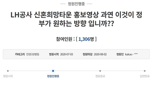 LH 신혼희망타운 홍보영상에 관한 국민청원 게시글 /청와대 국민청원 캡처