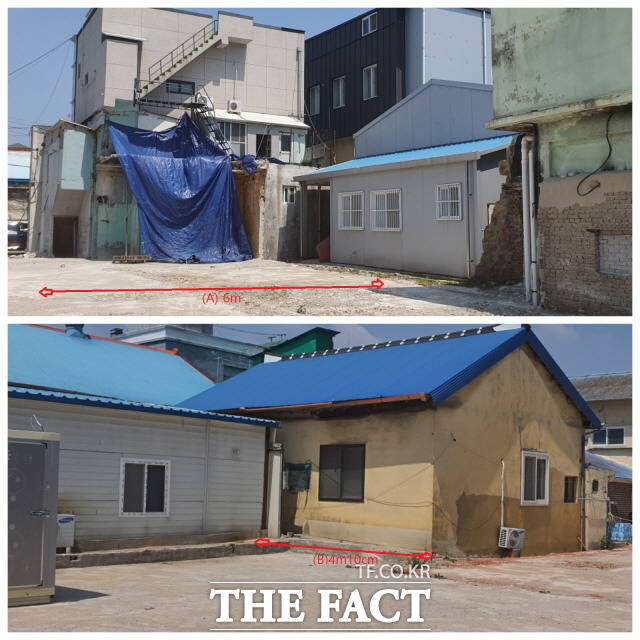 목포시는 주민편의를 위한다는 목적으로 목포일번가 주차장을 조성하기 위해 부지를 매입했다. 이러한 이유로 시가 매입한 주차장 부지가 비용이 과도하게 부풀려졌다는 논란으로 의혹이 계속 커져가고 있다. 사진은 주차장이 조성되는 부지 양쪽 2개면에 튀어나온 (사진위 돌출 6m, 사진 아래 돌출 4m10cm) 기존 건물때문에 효율적인 주차 면 조성에 불리한 여건이다. 주차면수도 당초 김종식 목포시장에게 보고됐던 소형차 기준 25면 에서 17면으로 줄어들었다./목포=김대원 기자