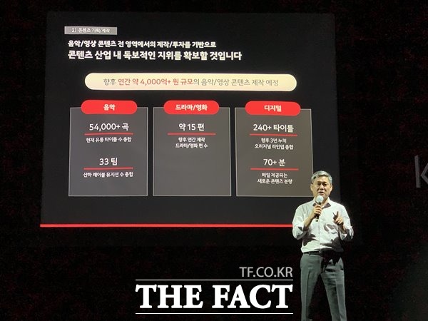 카카오M은 각 분야 최고의 역량을 갖춘 산업 내 다양한 톱 탤런트들과 협업을 강화해나갈 예정이다. 사진은 김성수 카카오M 대표의 발표 모습. /최수진 기자