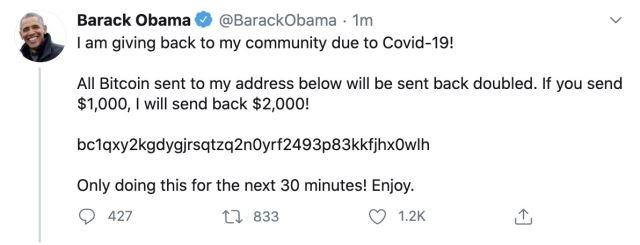 해킹 당시 버락 오바마의 트위터. 해커들은 ‘나는 코로나19로 인해 내 지역사회에 돌려줄 것이다. 아래 주소로 1000달러를 비트코인으로 보내면 30분 안에 2000달러를 보내주겠다고 적었다. /SNS 캡처