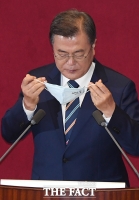 [TF포토] 국회 개원 연설 위해 마스크 벗는 문재인 대통령