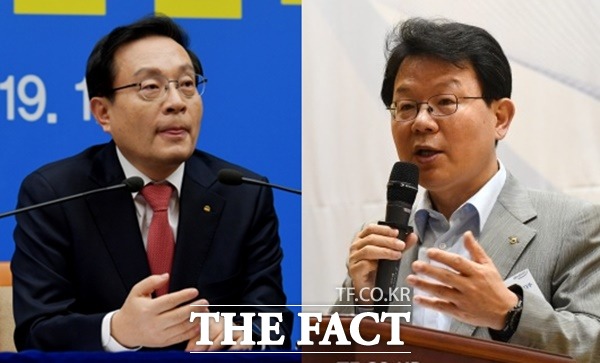 국내 주요 금융지주의 상반기 실적이 마무리된 가운데 업계는 5대 금융 체제로 재편됐다는 평가를 내놓고 있다. 사진은 왼쪽부터 손태승 우리금융 회장과 김광수 농협금융 회장의 모습. /더팩트 DB