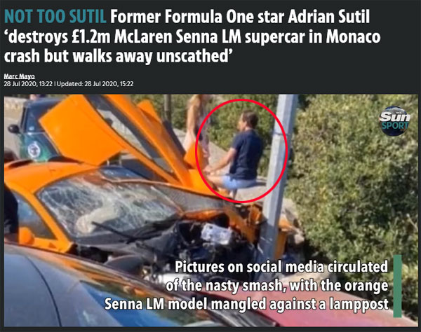 독일 출신의 F1 선수 애드리안 수틸이 소유한 슈퍼카 맥라렌 세나 LM이 모나코에서 기둥과 충돌해 완파됐다. 애드리안 수틸이 파손된 맥라렌 세나 LM 옆에 앉아 있다. /더선(THE Sun) 홈페이지 캡처