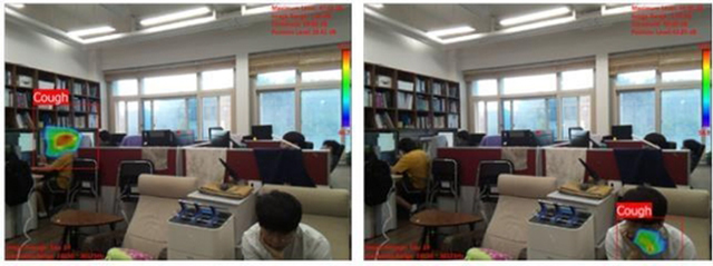 한국과학기술원 기계공학과 박용화 교수팀과 에스엠 인스트루먼트가 공동으로 개발한 기침 인식 카메라가 연구실 환경에서 기침 발생 위치를 표시하고 있다. / KAIST 제공