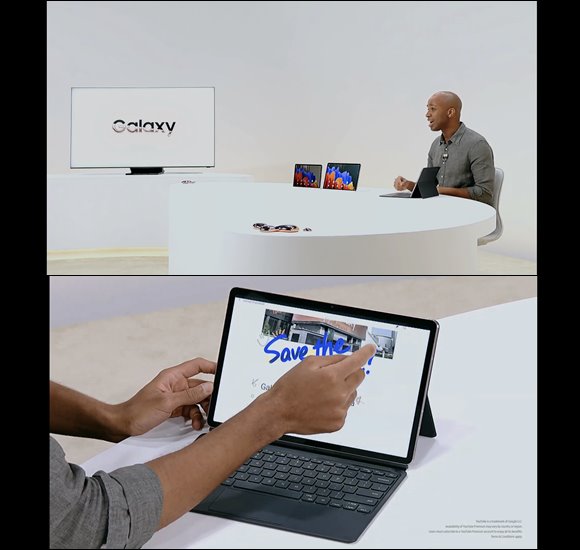갤럭시탭S7의 경우 가볍고 얇다는 특징을 강조하기 위해 별도의 스튜디오에서 삼성전자 관계자가 직접 사용하는 모습을 보여주기도 했다. /삼성전자 유튜브 갈무리