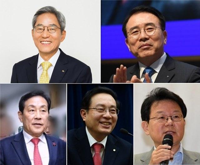 코로나19 여파가 이어지고 있는 가운데 금융사 최고경영자(CEO)들이 여름 휴가 일정을 계획하지 못하고 있다. 왼쪽 위부터 시계방향으로 윤종규 KB금융그룹 회장, 조용병 신한금융그룹 회장, 김광수 NH농협금융그룹 회장, 손태승 우리금융그룹 회장, 김정태 하나금융그룹 회장 /더팩트 DB