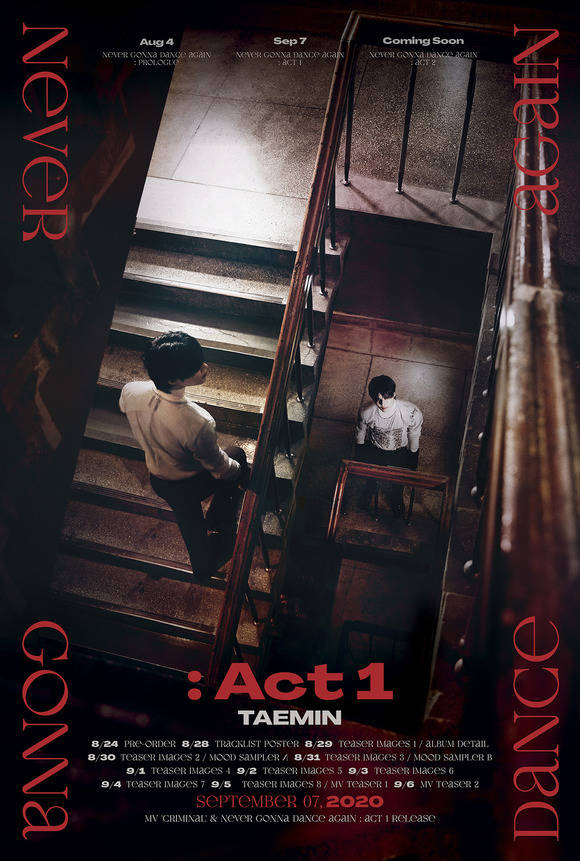 샤이니 태민이 9월 7일 3번째 정규앨범 Never Gonna Dance Again : Act 1을 발표한다. 선공개한 프롤로그 싱글에 이어 Act 1과 Act 2 2개 앨범으로 순차적으로 발매한다. /SM엔터 제공