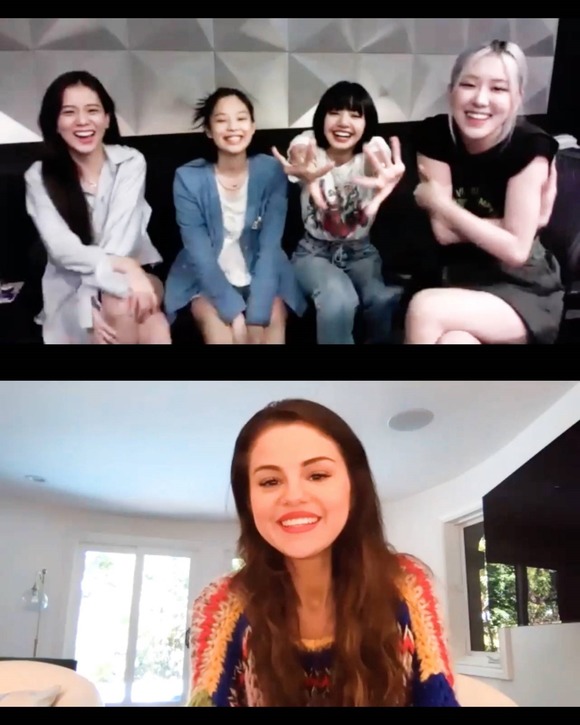 블랙핑크과 셀레나 고메즈가 영상 통화를 하며 신곡 Ice Cream으로 호흡을 맞춘 기쁜 마음을 나눴다. 이 곡 음원은 오는 28일 오후 1시(한국시간) 공개된다. /영상 캡처