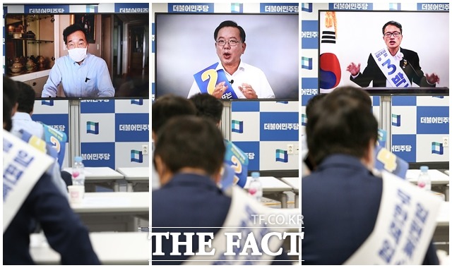 민주당 당권주자로 나선 이낙연·김부겸·박주민 후보(왼쪽부터)가 부동산 가격이 급등한 현실을 인정해 주목받고 있다. 지난 22일 민주당 중앙당사에서 열린 온택트 합동연설회에 나선 세 후보. /이동률 기자