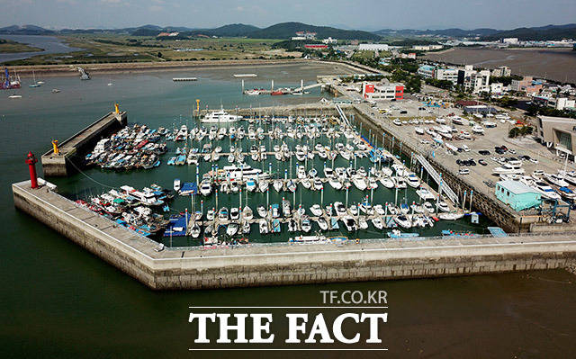 제8호 태풍 바비가 서해상을 향해 북상 중인 26일 오후 경기 화성시 전곡항에 요트와 어선들이 가득 정박해있다./이덕인 기자