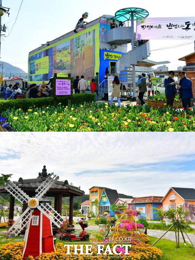 장성군이 공공미술 프로젝트 ‘우리동네 미술’을 추진한다. 사진은 장성역 기차갤러리(위), 힐링허브정원(아래)./ 장성군 제공