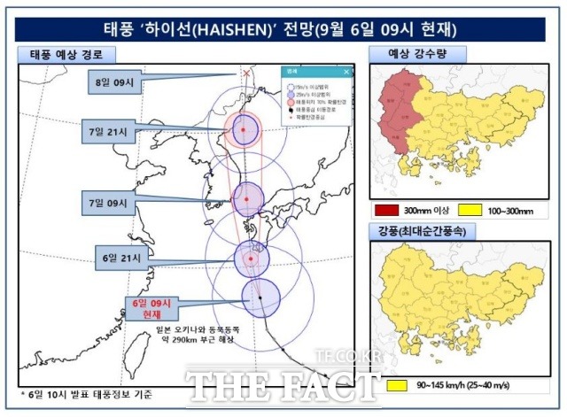 부산기상청은 태풍 하이선이 오는 7일 오전 9시 부산 남동쪽 80㎞ 해상까지 근접한다고 6일 밝혔다. /부산기상청 제공