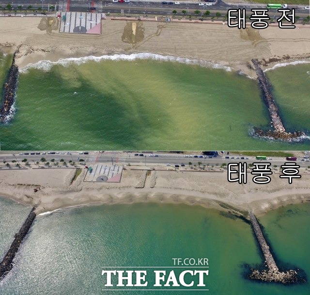 송도해수욕장 복원을 위해 백사장에 채워 놓았던 모래가 연이은 태풍에 일부 유실되면서 복원사업에 차질을 빚고 있다./포항=김달년기자