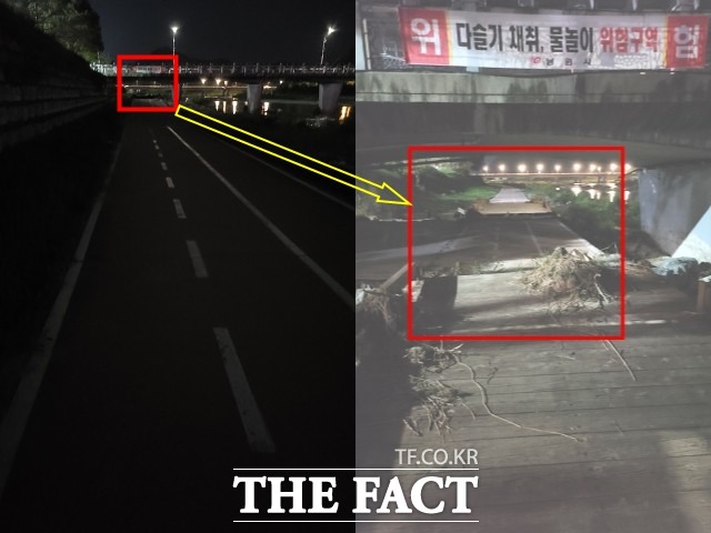 점프대를 방불케하는 파손된 자전거 전용도로 구간. 지난 1일 시민 김모(38) 씨가 이 구간에서 큰 사고를 당했다. 인근에는 출입을 통제하거나 위험 경고 문구 표지판조차 없었다. /남원=이경민 기자