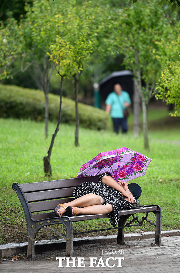 전국에 걸쳐 가을비가 내린 12일 오후 경기 수원시 장안구 만석공원을 찾은 한 노인이 벤치에 누워 낮잠을 청하고 있다./수원=임영무 기자
