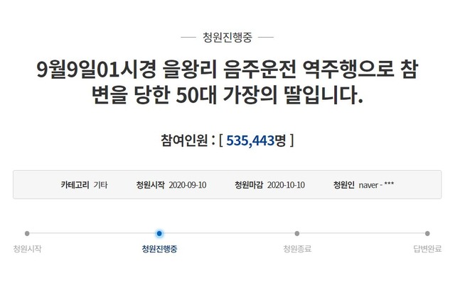 을왕리 음주운전 피해자 유족의 절규에 국민들이 분노하고 있다. 참변을 당한 50대 가장의 딸이 남긴 청와대 국민청원은 이틀 만에 53만5000여 명의 동의를 얻었다. /청와대 국민청원 홈페이지 캡처