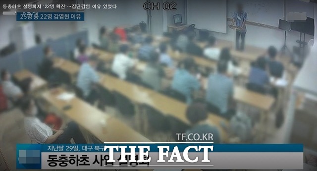 지난달 29일 대구 동충하초 사업설명회에 참석한 27명 가운데 유일하게 1명이 감염되지 않아 그 이유가 화제를 모으고 있다.사진은 동충하초 사업설명회장 모습/방송화면 캡쳐