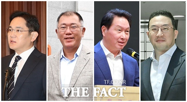 이재용 삼성전자 부회장, 정의선 현대자동차그룹 수석부회장, 최태원 SK그룹 회장, 구광모 LG그룹 회장(왼쪽부터) 등 4대 그룹 총수가 이달 초 회동해 재계 현안을 논의했다. /더팩트 DB, 각사 제공