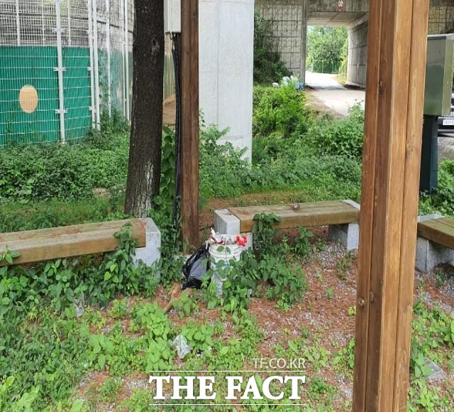 구미시 해평청소년수련원쉼터에도 수풀이 무성하고 쓰레기가 널려있다./구미=김서업 기자