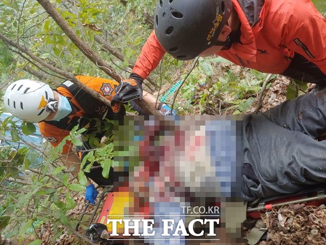 3일 오전 8시 50분께 무주군 부남면 대소리 지장산 해발 400m 인근에서 황모(82) 씨 굴러 떨어져 중상을 당했다. /무진장소방서 제공