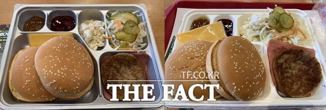 롯데리아 밀리터리버거 점내 취식 제품(오른쪽)에는 포장(왼쪽) 제품보다 더 많은 양의 가공샐러드가 담겼다. /이민주 기자