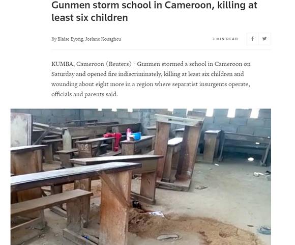 로이터 등 외신에 따르면 서아프리카 카메룬 사우스웨스트 쿰바시의 한 학교에 괴한이 침입해 무차별로 총기를 난사해 어린이 8명이 사망하고 10명 이상이 부상을 입었다. /로이터 통신 홈페이지