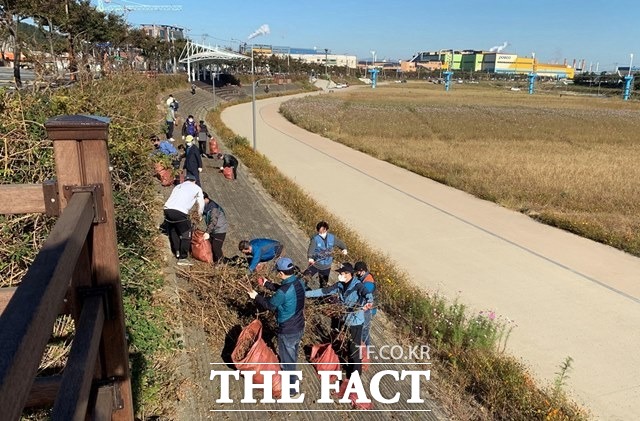 포항제철소 임직원들이 24일 청림동 냉천 일대에서 주민들이 쾌적하게 공원을 이용할 수 있도록 나뭇가지를 정리하고 있다./포항제철소 제공