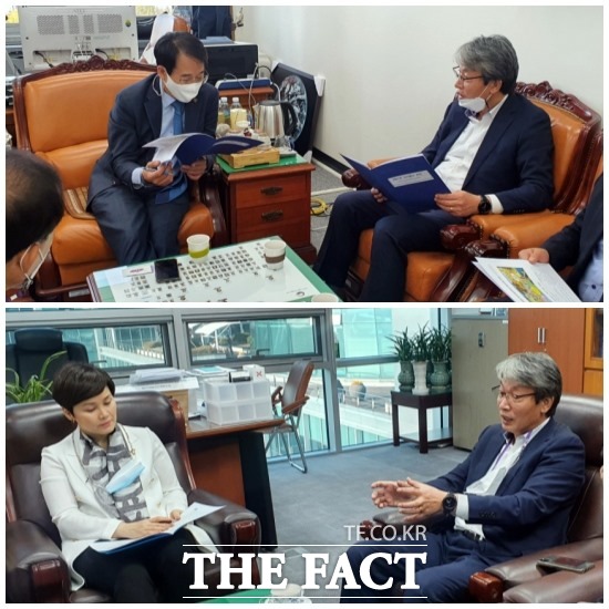 유 진섭 정읍시장(오른쪽)은 지난달 30일 국회를 찾아 이원욱 과학기술정보방송통신위원회 위원장(위)과 문화체육관광위원회 임오경 국회의원(아럐)을 만나 면담했다./정읍시 제공