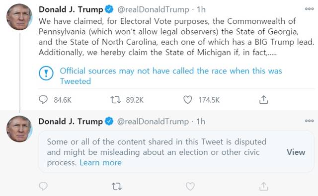 미국 대선 전세가 역전되자 도널드 트럼프 미국 대통령이 트위터에 투표사기를 주장하고 있는 가운데, 트위터가 이에 대해 경고딱지를 붙였다. /트럼프 대통령 트위터