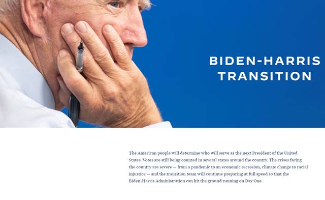 조 바이든 민주당 대선 후보가 대통령직 인수위원회 홈페이지를 열어 대선 승리에 자신감을 보였다. /바이든 인수위 홈페이지