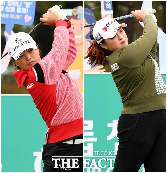 KLPGA 투어 하나금융그룹 챔피언십 2라운드가 6일 인천 영종도 스카이72 골프앤리조트에서 열린 가운데 고진영(왼쪽)과 장하나가 티샷을 하고 있다. /인천=남용희 기자