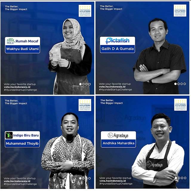 현대차그룹이 지난 13일부터 이틀 동안 인도네시아 자카르타에서 현대 스타트업 챌린지 데모데이 및 시상식을 온라인으로 개최했다. 사진은 루마 모카프의 와큐 부디 우타미 대표, 픽타피쉬의 가리 구말라 대표, 아그라다야의 아디카 마할디카 대표, 인디고 비루바루의 무하마드 쏘입 대표(왼쪽 위부터 시계방향)등 현대 스타트업 챌린지’에 최종 선정된 상위 4팀의 대표 /현대차그룹 제공