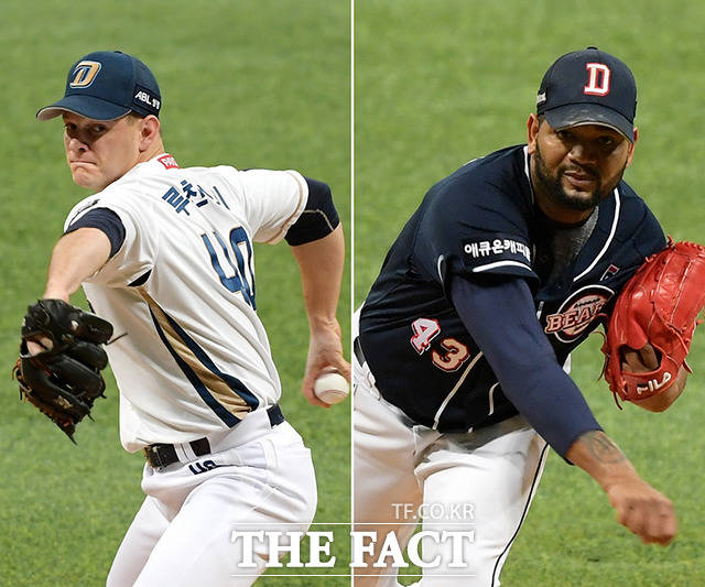2020 KBO 포스트시즌 한국시리즈 1차전 두산 베어스와 NC 다이노스의 경기가 17일 오후 서울 구로구 고척스카이돔에서 열린 가운데 NC 선발투수 루친스키(왼쪽)과 두산 선발투수 알칸타라가 투구를 하고 있다. /이선화 기자