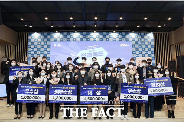 전북도는 20일 도내 선도 중소기업을 알리고 우수인재 육성과 발굴을 위한 ‘제5회 전라북도 선도기업 분석대회’를 열고 도내 5개 대학 청년인재 33명을 선정했다. 올해 대상은 ㈜오디텍을 분석하고 미래차 산업분야에 새로운 기업전략을 제안한 전북대‘4T’팀(천지성, 오혜성, 한용수, 최지혜)이 수상의 영예를 안았다. /전북도 제공