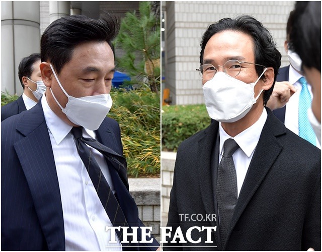 조현식 한국타이어앤테크놀로지그룹 부회장(왼쪽)과 조현범 한국타이어앤테크놀로지 사장이 20일 오후 서울 서초구 서울중앙지방법원에서 열린 2심 선고공판을 마치고 법정을 나서고 있다. /이덕인 기자