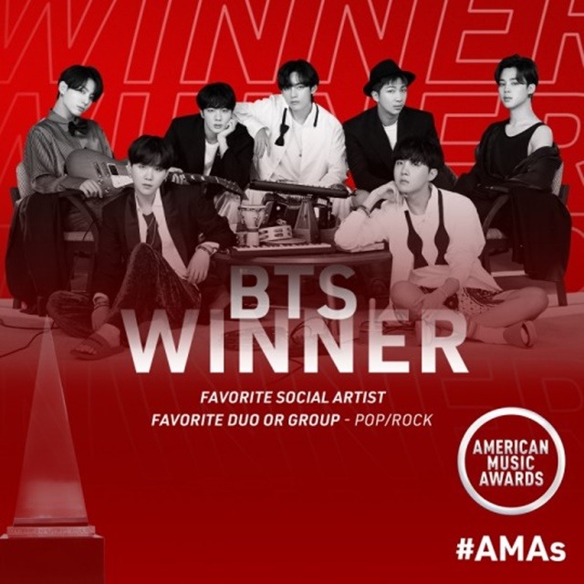 방탄소년단이 23일(한국시간) 미국 로스앤젤레스에서 열린 2020 아메리칸 뮤직 어워드에서 팝·록 페이보릿 그룹 상과 페이보릿 소셜 아티스트 상을 수상했다. /AMAs 제공
