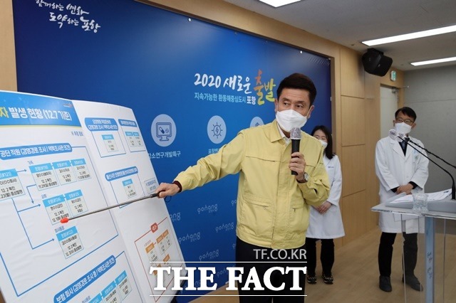 이강덕 포항시장이 7일 오후 시청 브리핑룸에서 코로나19 지역 확산과 관련해 온라인 비대면 브리핑을 하는 모습/포항시 제공