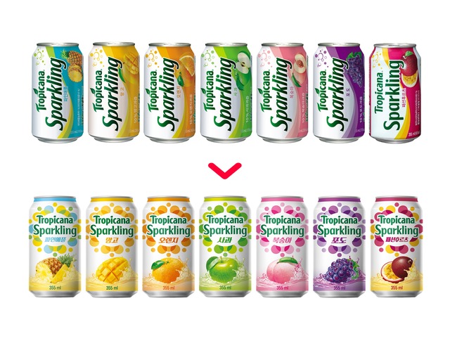 롯데칠성음료가 트로피카나의 과즙탄산음료 트로피카나 스파클링의 패키지 디자인을 11년 만에 리뉴얼했다. /롯데칠성음료 제공