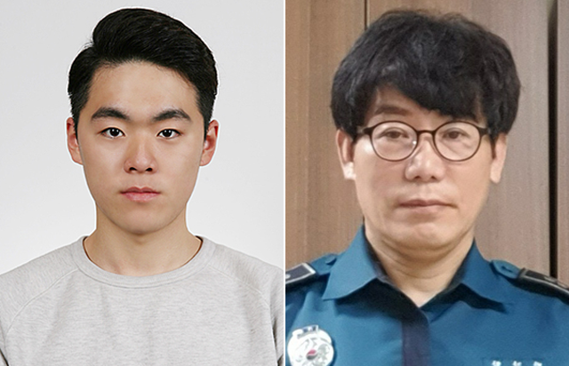 LG복지재단이 아파트 화재현장에서 사다리차로 주민 세 명을 구한 한상훈(왼쪽) 씨와 불타는 차량에서 시민을 구한 부산강서경찰서 박강학 경감에게 LG 의인상을 수여했다. /LG 제공