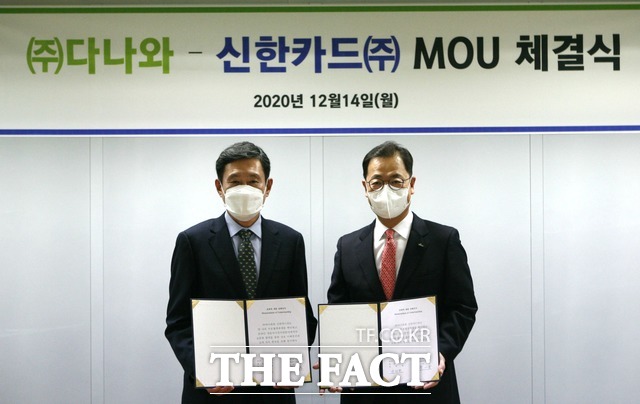 신한카드는 15일 최인선 신한카드 MF그룹장(오른쪽)과 안징현 다나와 대표이사 등이 참석한 가운데 업무협약을 체결했다고 밝혔다. /신한카드 제공