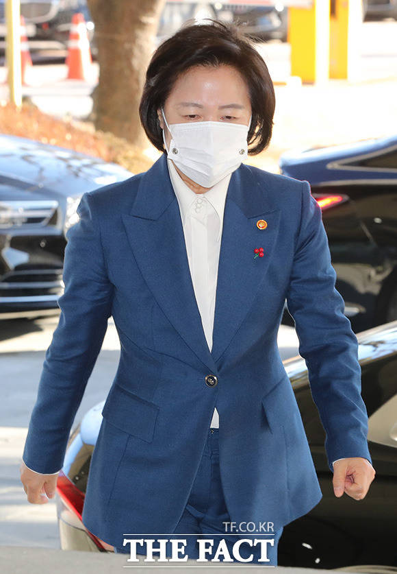 추미애 법무부 장관이 15일 오전 서울 종로구 정부서울청사에서 화상으로 열리는 국무회의에 참석하기 위해 뛰어 들어가고 있다. /사진=뉴시스