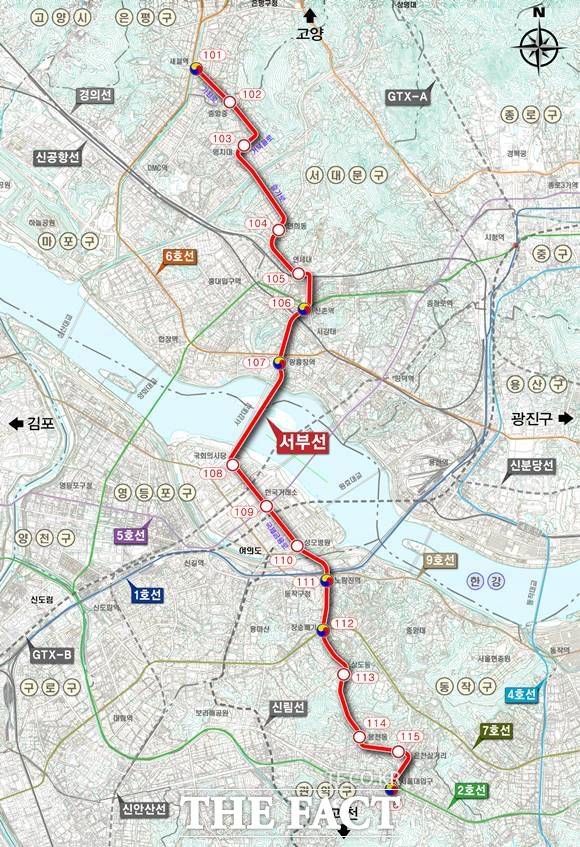 서울 새절역과 신촌, 여의도, 서울대입구역을 잇는 서부선 도시철도 사업이 궤도에 오른다. 서부선 노선도. /서울시 제공