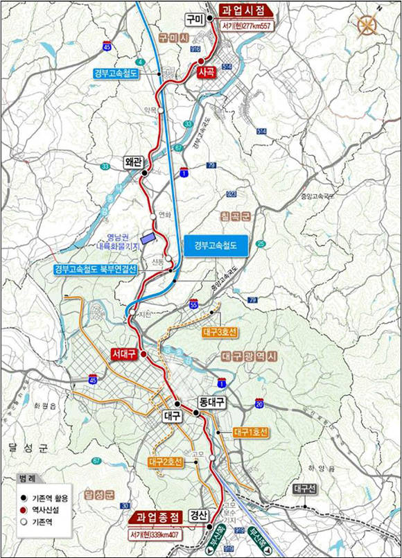 대구·경북권역을 40분대 생활권으로 묶는 광역철도 조성 사업이 추진된다. 사진은 광역철도 노선도 /국토교통부 제공