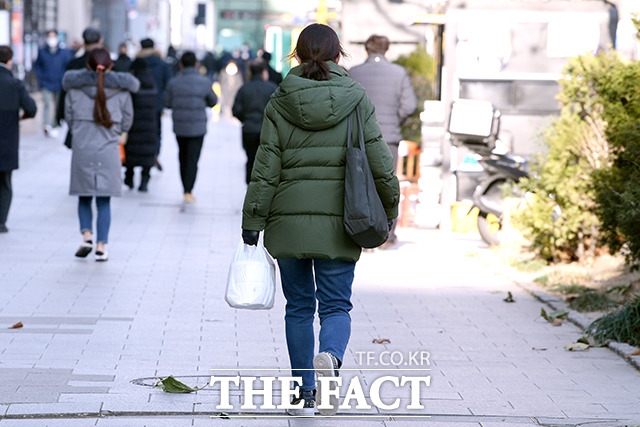 5일 서울 강남구 강남역 인근에서 점심시간을 맞은 직장인들이 포장된 음식을 들고 걸어가고 있다. /이선화 기자