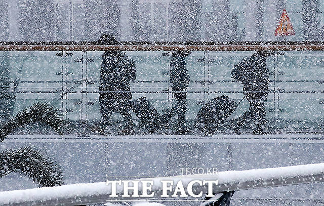 북극발 한파가 사흘째 기승을 부리고 있는 8일 오전 제주국제공항에 강한 눈발이 날리고 있다.
