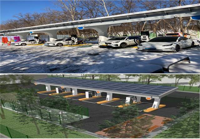서울시가 지난해 전기차 충전기 200기를 추가 설치했고 올해 완속충전기 100기를 늘린다고 밝혔다. 양재 솔라스테이션 현장 사진(위부터)과 양재 그린카 스테이션 모형도. /서울시 제공